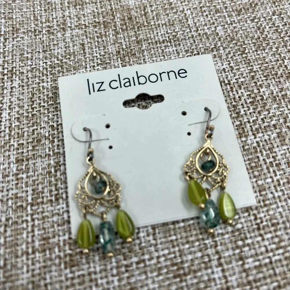 Liz Claiborne Vintage 1990s Gold Filigree Chandelier Drop Earrings Green Beads - Picture 2 of 8